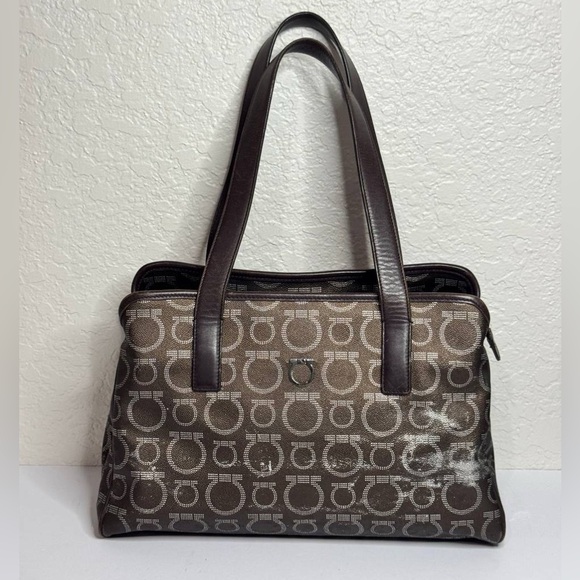 Salvatore Ferragamo Gancini Brown PVC Tote Shoulder Bag